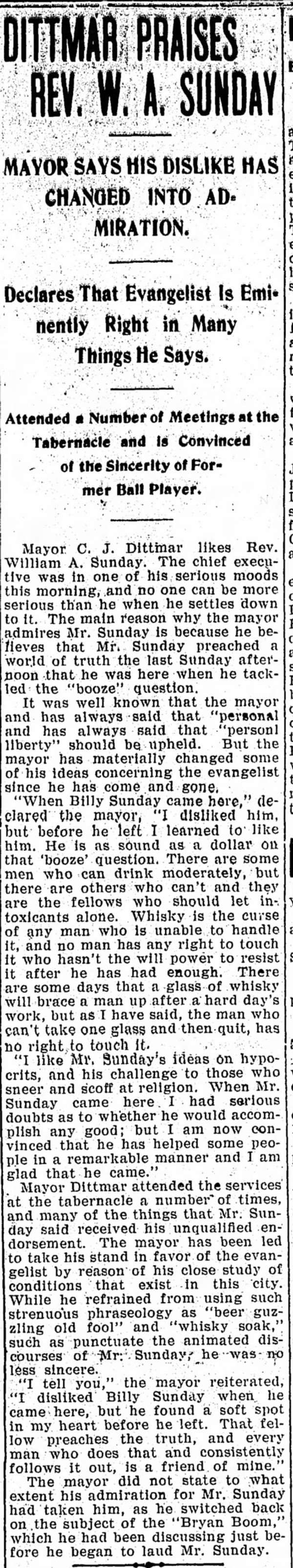 Newspaper article titled Dittmar Praises Rev. W. A. Sunday