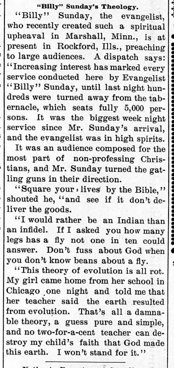 Newspaper article titled Billy Sunday's Theology