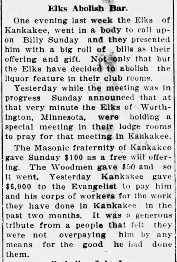 Newspaper article titled Elks Abolish Bar