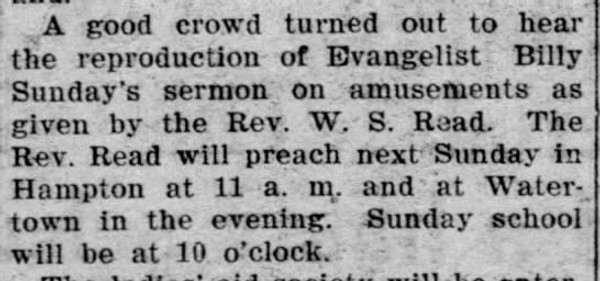 Newspaper article titled A Good Crowd Turned out to Hear the Reproduction of Billy Sunday's Sermon