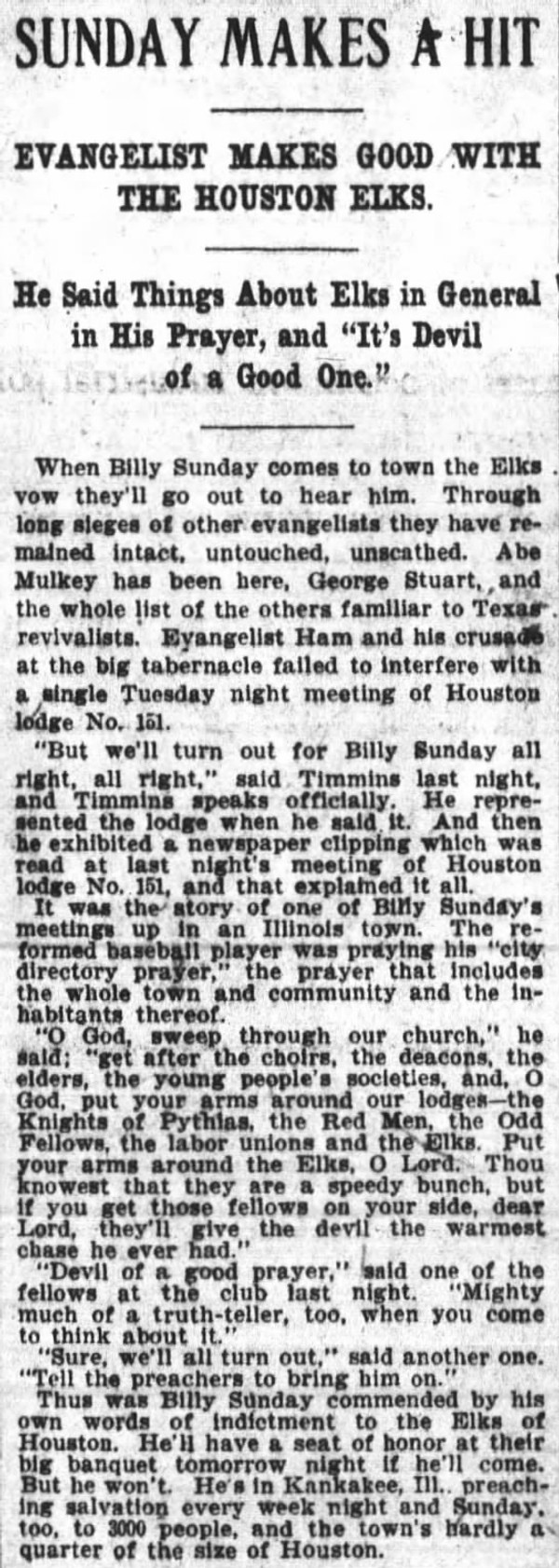 Newspaper article titled Evangelist Makes Good with the Houston Elks