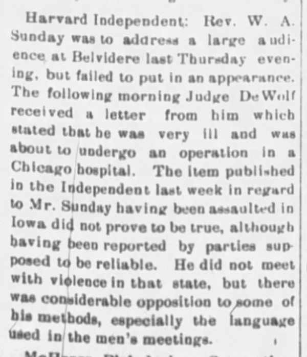 Newspaper article titled Rev. W. A. Sunday was to Address a Large Audience