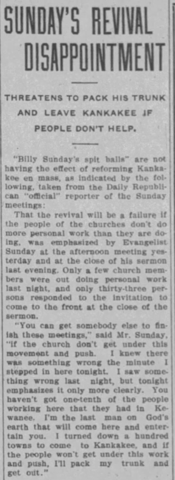 Newspaper article titled Sunday's Revival Disappointment