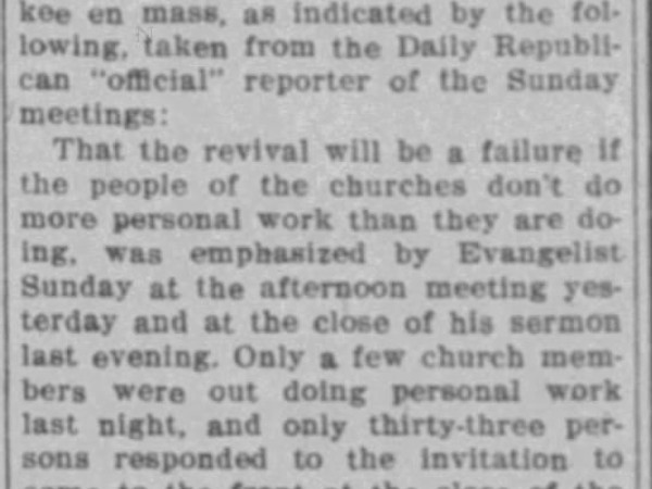 Newspaper article titled Sunday's Revival Disappointment