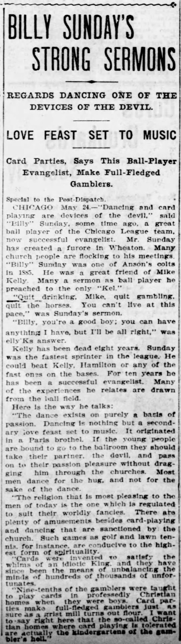 Newspaper article titled Billy Sunday's Strong Sermons