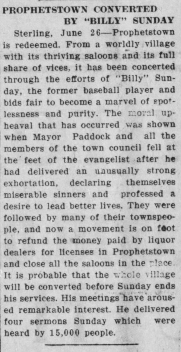 Newspaper article titled Prophetstown Converted by Billy Sunday