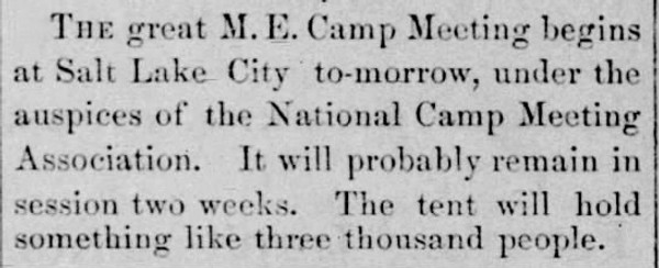 Newspaper article titled The Great M. E. Camp Meeting Begins at Salt Lake City Tomorrow