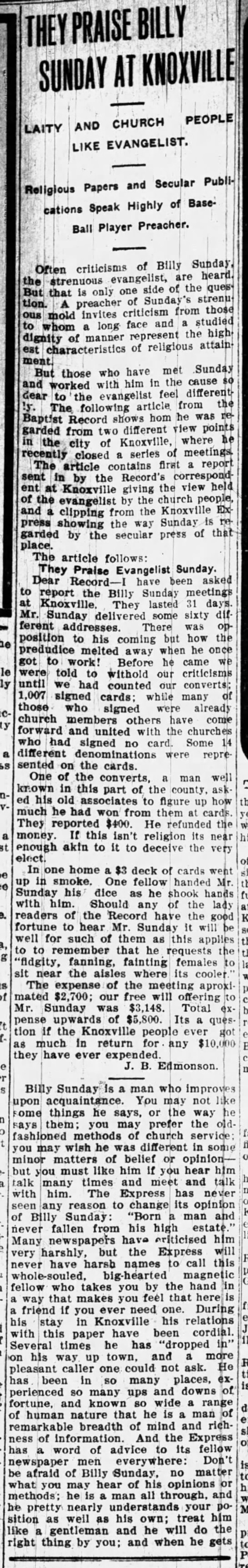 Newspaper article titled They Praise Billy Sunday at Knoxville