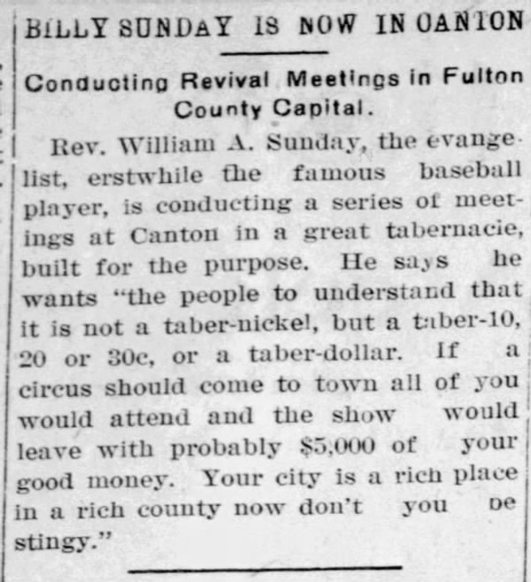 Newspaper article titled Billy Sunday is Now in Canton