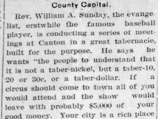 Newspaper article titled Billy Sunday is Now in Canton