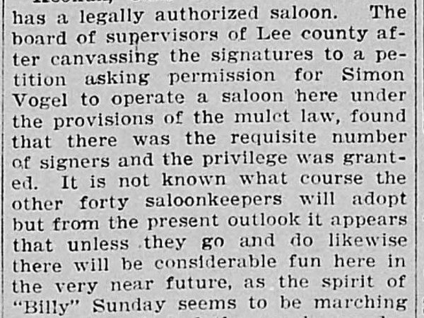 Newspaper article titled Keokuk Gets Legal Saloon