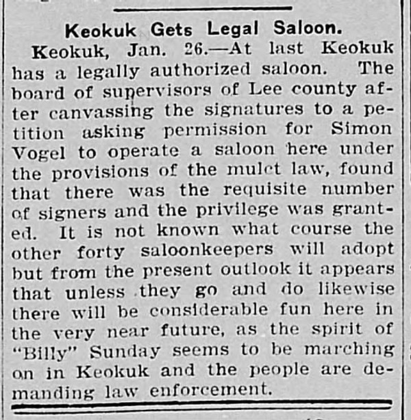 Newspaper article titled Keokuk Gets Legal Saloon