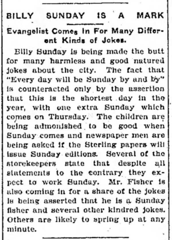 Newspaper article titled Billy Sunday is a Mark