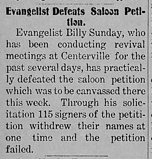 Newspaper article titled Evangelist Defeats Saloon Petition