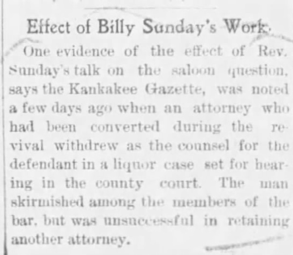 Newspaper article titled Effect of Billy Sunday's Work