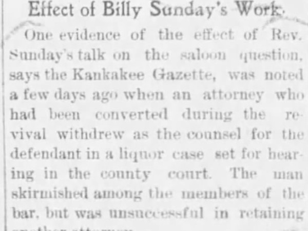 Newspaper article titled Effect of Billy Sunday's Work