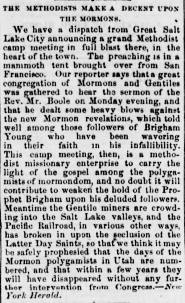 Newspaper article titled The Methodists Make a Decent upon the Mormons