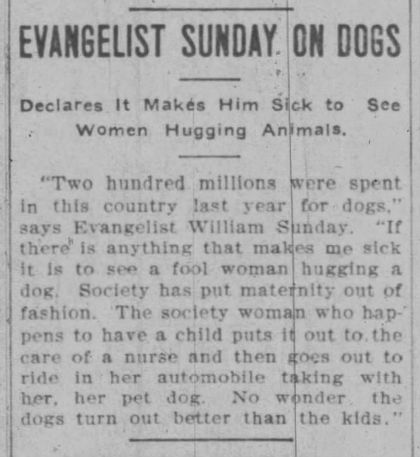 Newspaper article titled Evangelist Sunday on Dogs