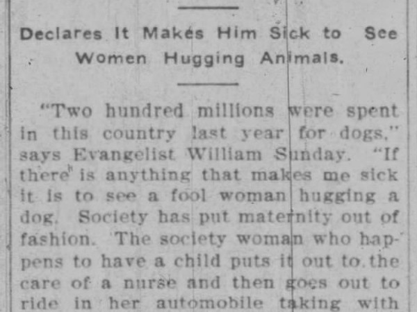 Newspaper article titled Evangelist Sunday on Dogs