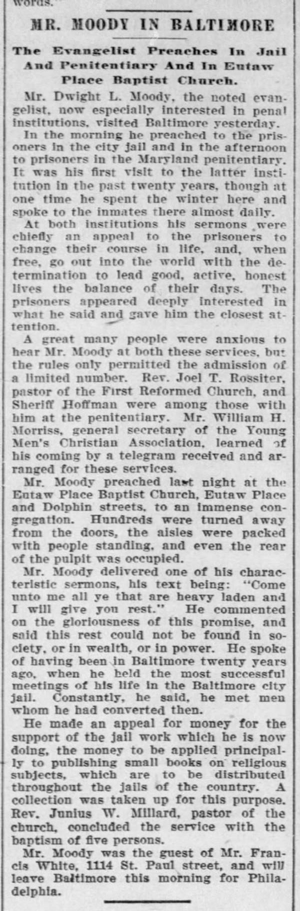 Newspaper article titled Mr. Moody in Baltimore