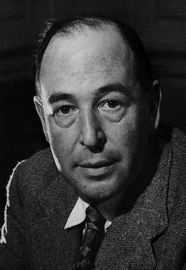 A black and white photo of C. S. Lewis's face. He is not smiling and looking directly at the camera.