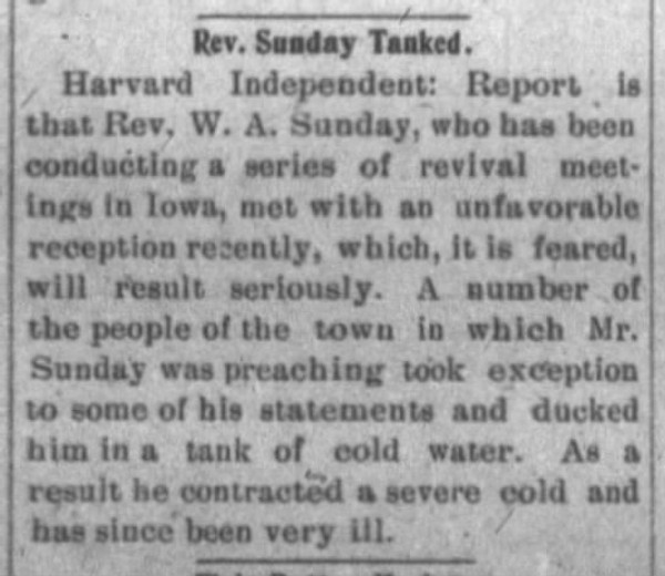 Newspaper article titled Rev. Sunday Tanked