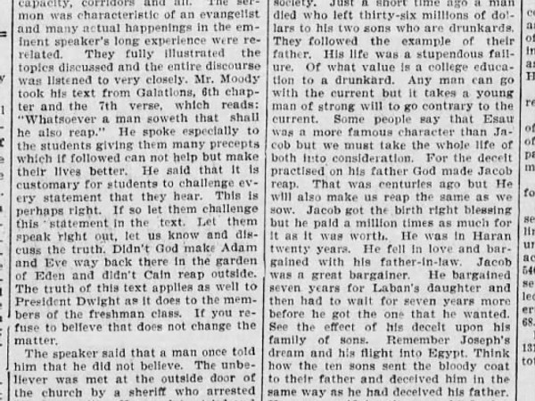 Newspaper article titled Moody the Evangelist Makes a Powerful Address to Yale Students