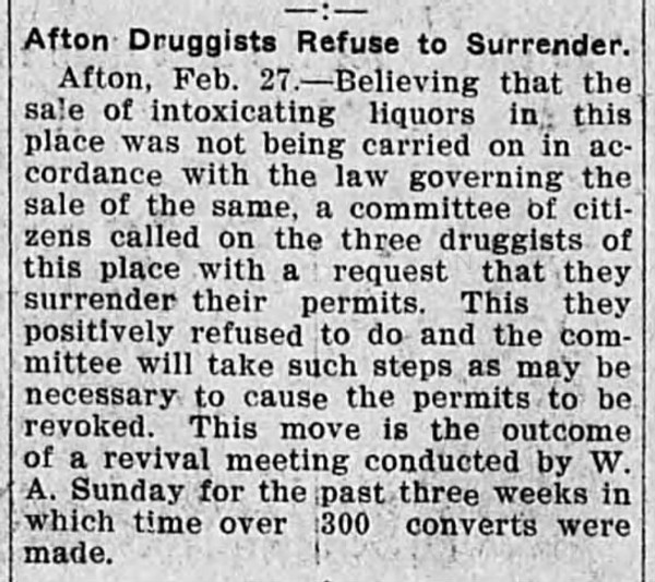 Newspaper article titled Afton Druggists Refuse to Surrender