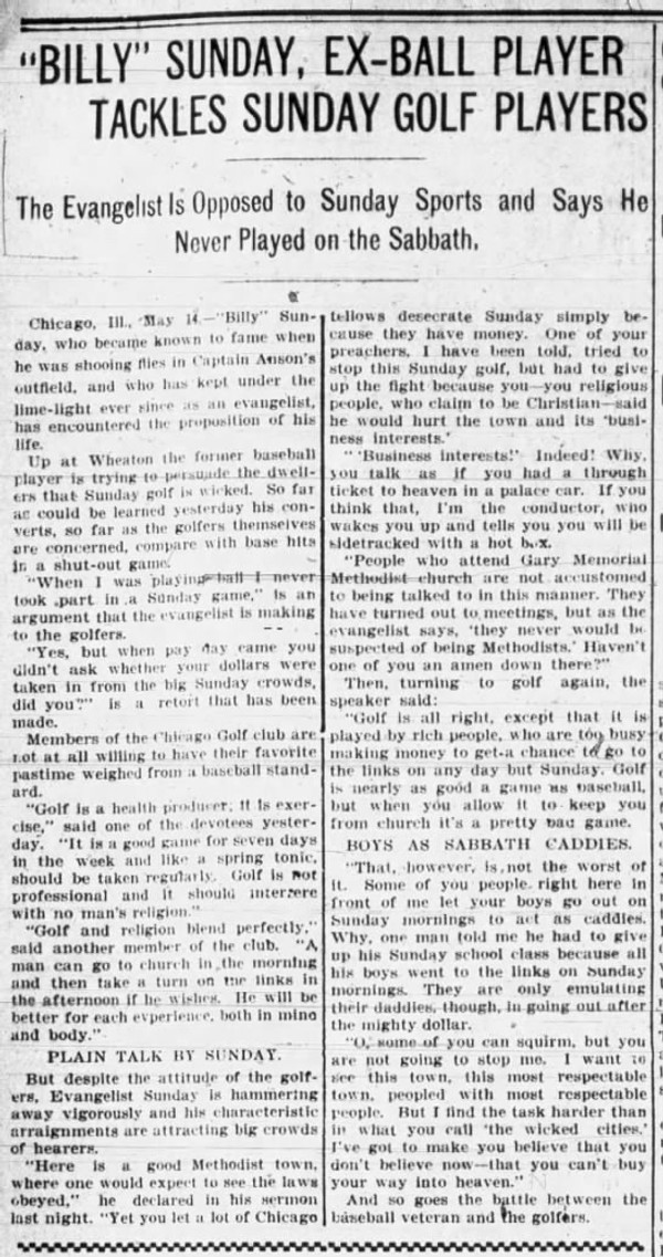 Newspaper article titled Billy Sunday, Ex-Ball Player Tackles Sunday Golf Players