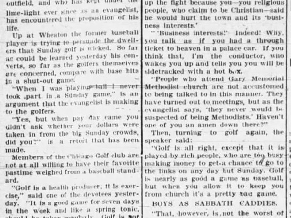 Newspaper article titled Billy Sunday, Ex-Ball Player Tackles Sunday Golf Players