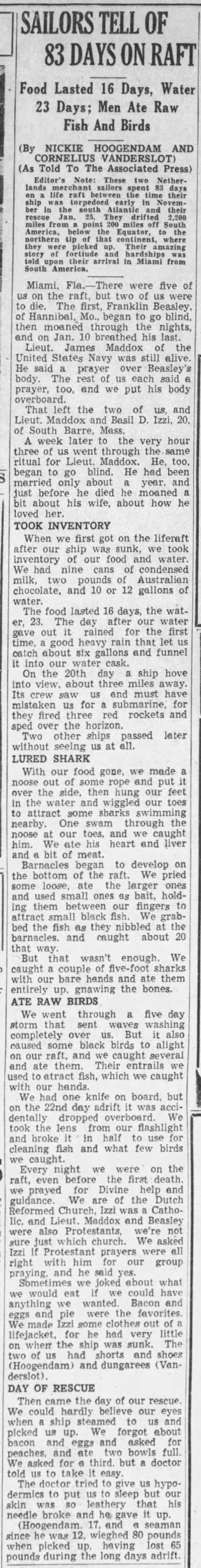 Newspaper Article titled: Sailors Tell of 83 Days on Raft