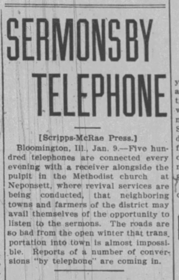 Newspaper article titled Sermons by Telephone