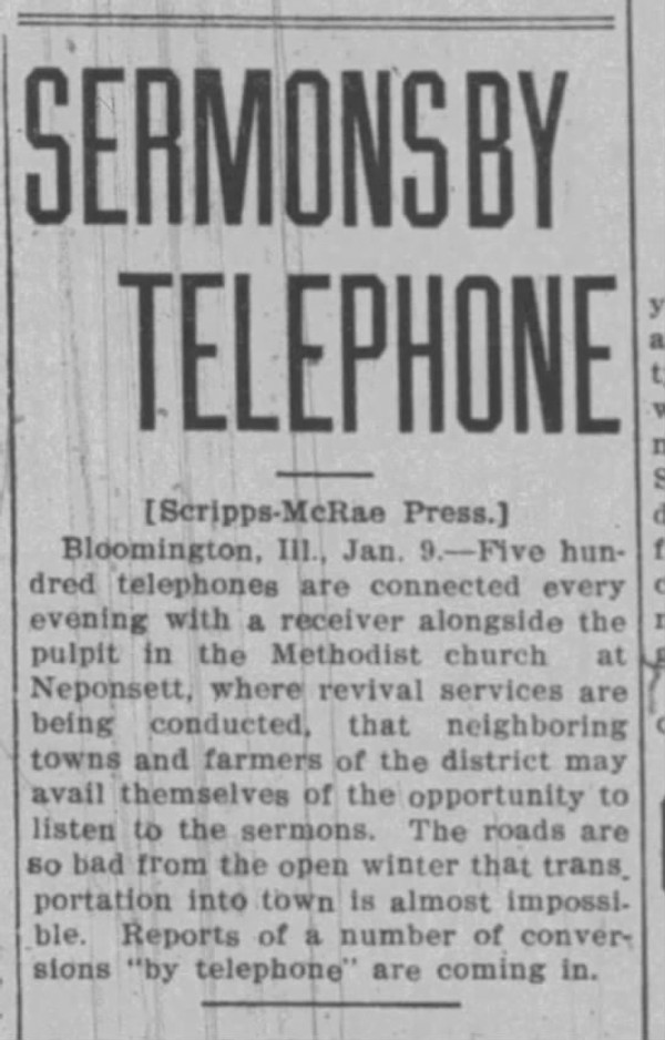 Newspaper article titled Sermons by Telephone