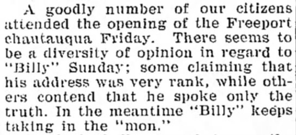 Newspaper article titled A Diversity of Opinion in Regard to Billy Sunday