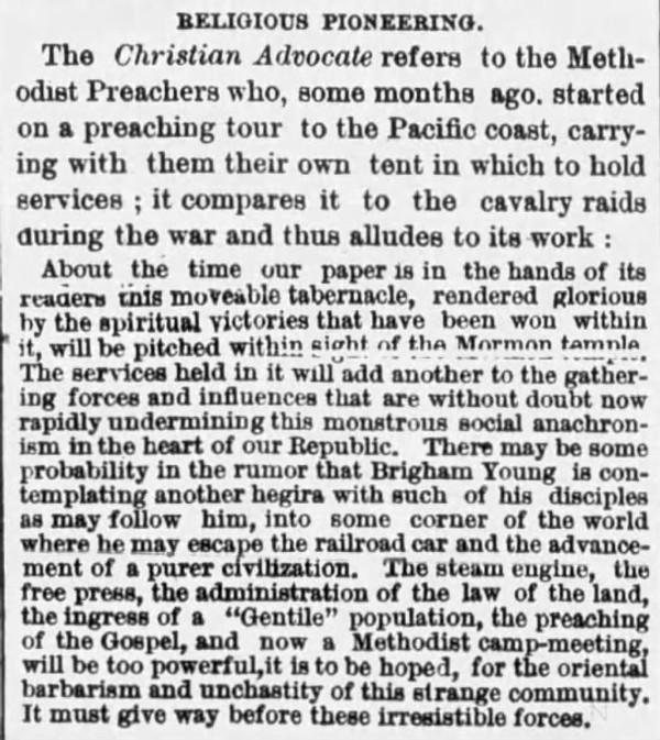 Newspaper article titled Religious Pioneering