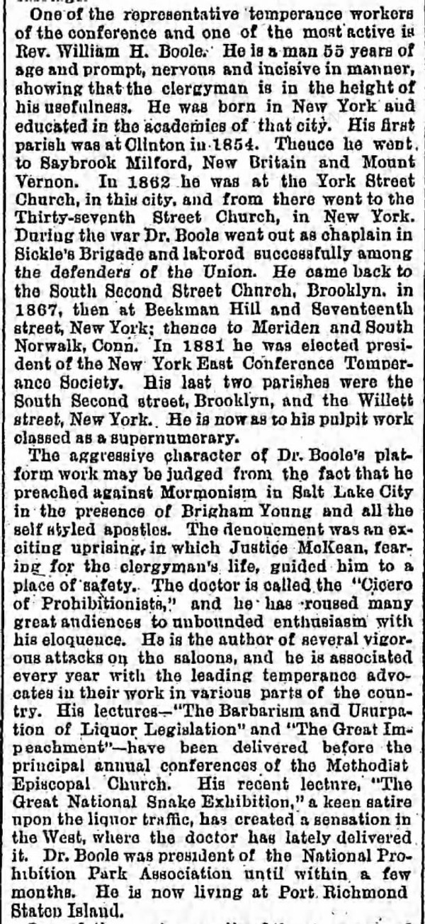 Newspaper article titled One of the Representative Temperance Workers Is Rev. William H. Boole