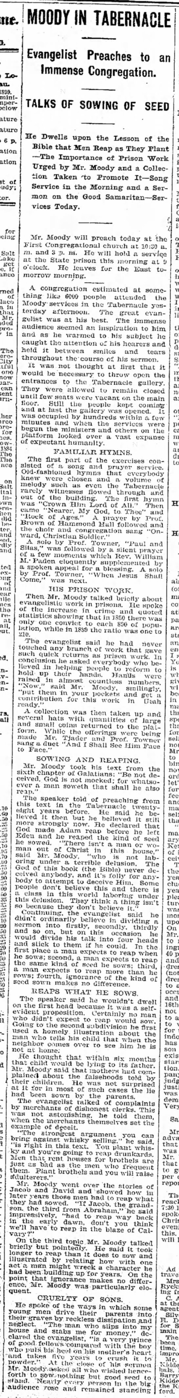 Newspaper article titled Moody in Tabernacle