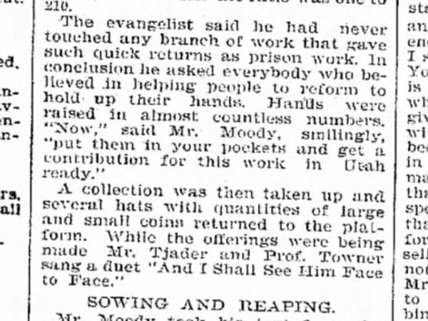 Newspaper article titled Moody in Tabernacle