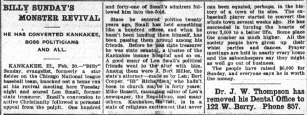 Newspaper article titled Billy Sunday's Monster Revival