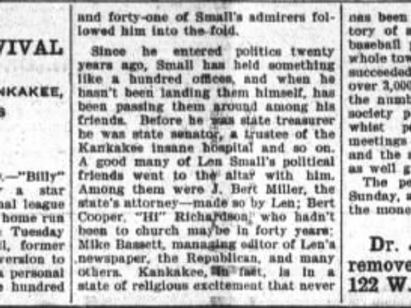 Newspaper article titled Billy Sunday's Monster Revival
