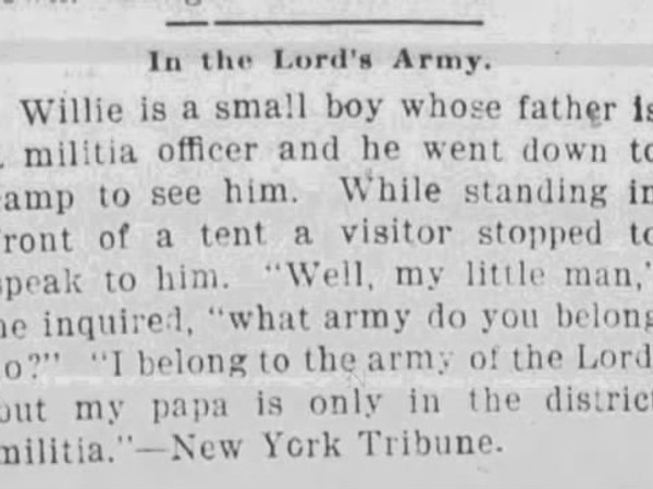 Newspaper article titled In the Lord's Army