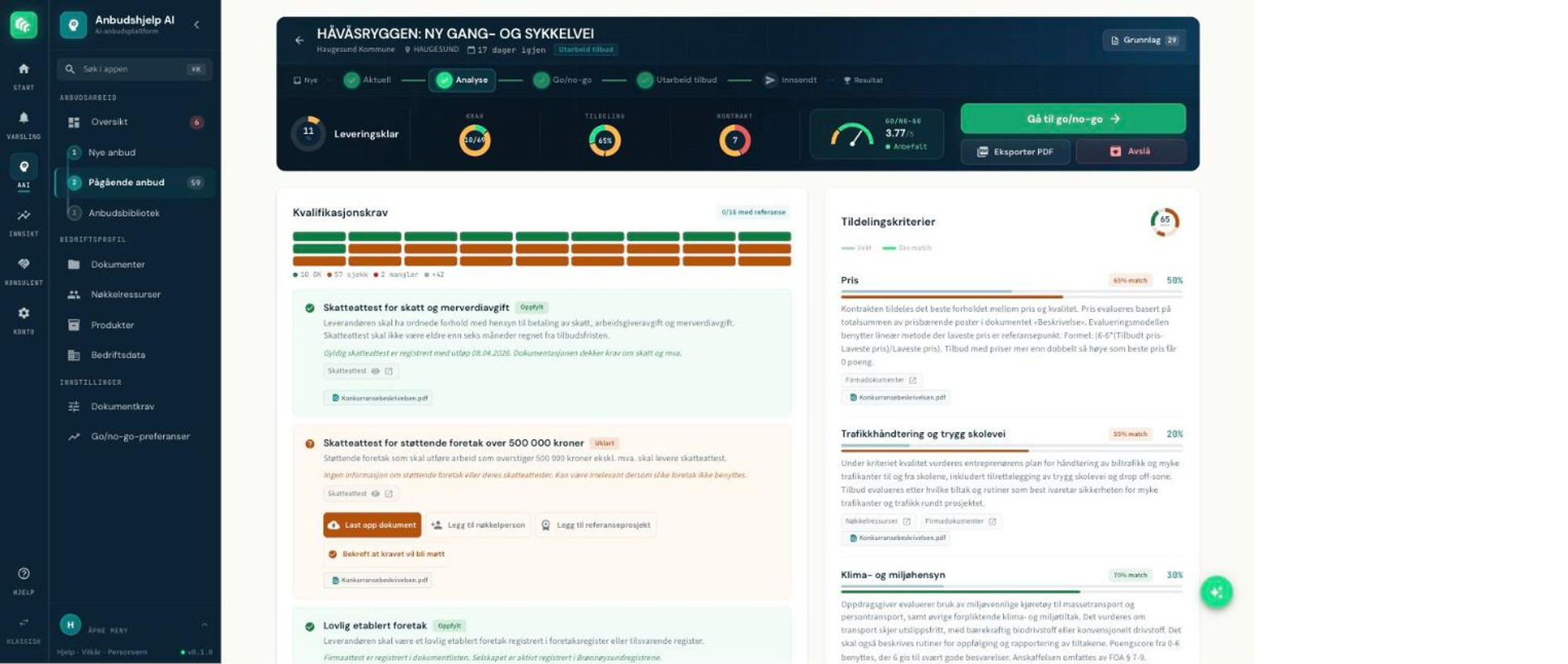 Analysevisningen i Anbudshjelp AI: kvalifikasjonskrav, tildelingskriterier og go/no-go-score for et anbud
