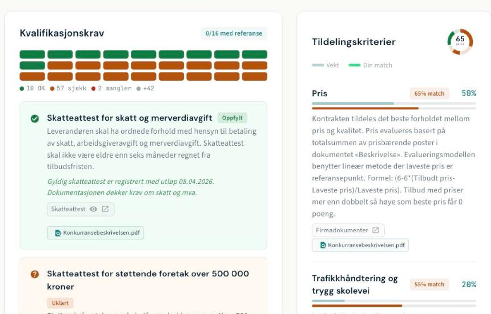 Nærbilde av et kvalifikasjonskrav med kildehenvisning til Konkurransebeskrivelsen.pdf og et tildelingskriterium med matchprosent