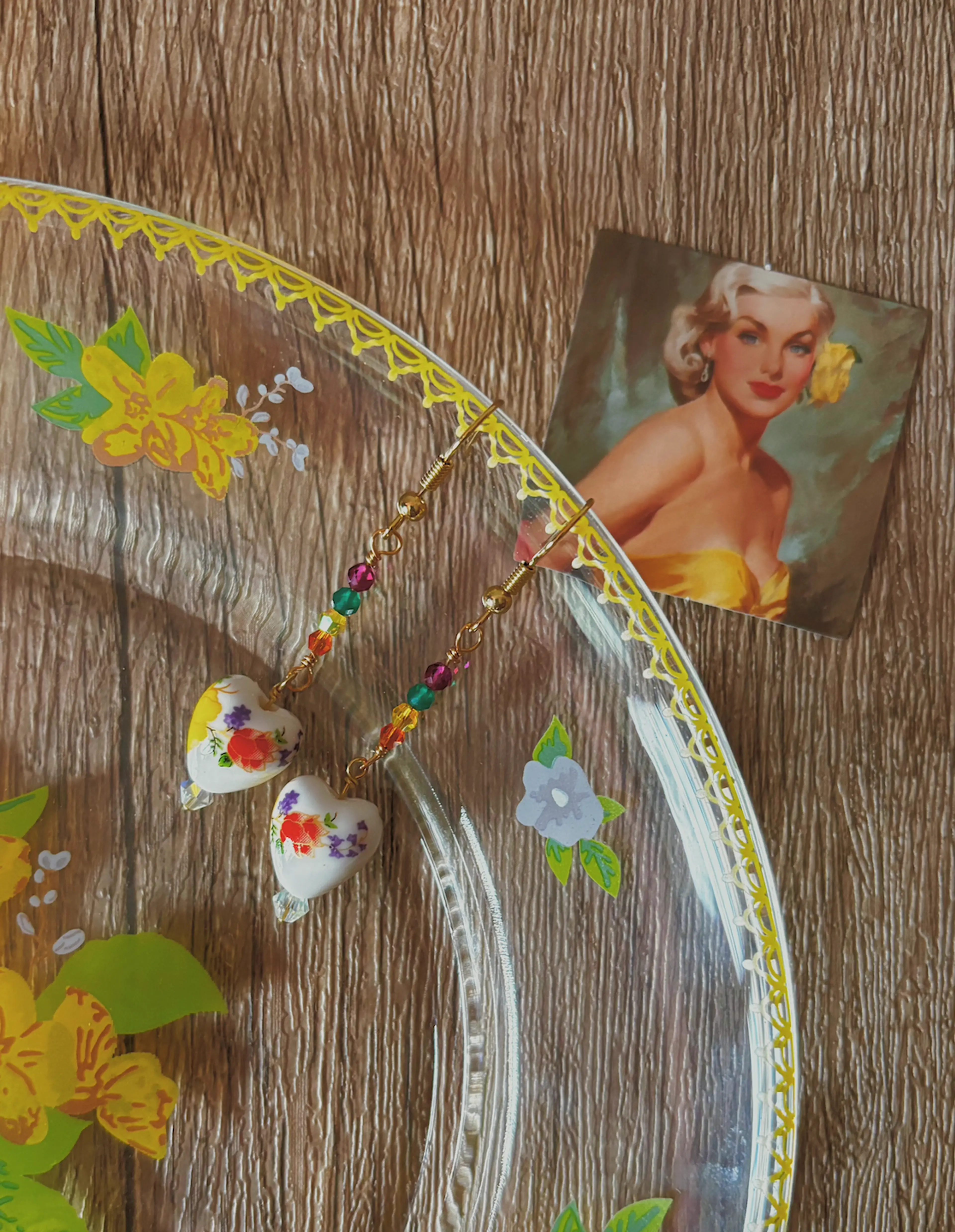Porcelain Vintage Floral Heart Earrings (Sunshine)