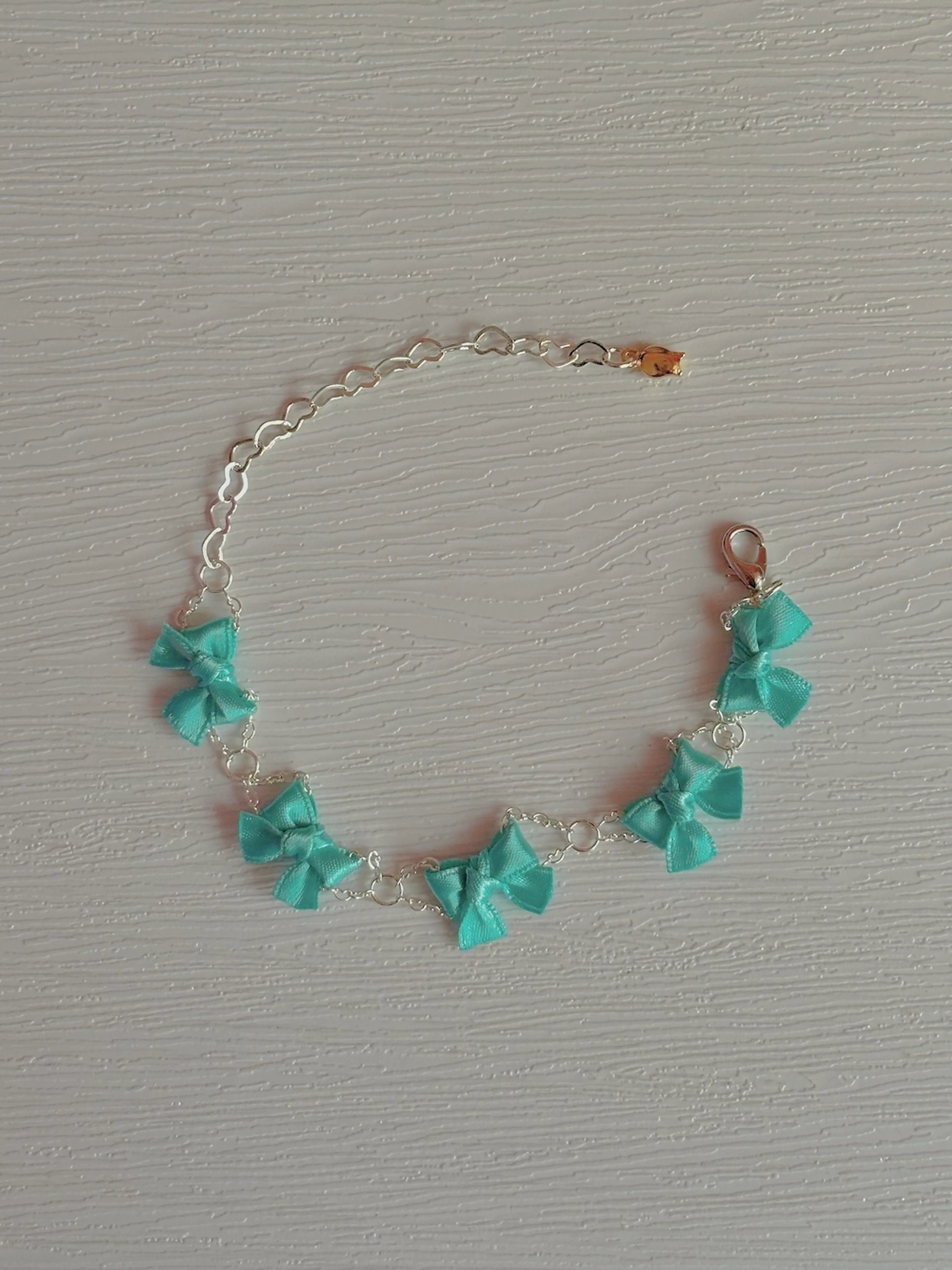 Mini Ribbon Bracelet (Teal) - Silver Chain