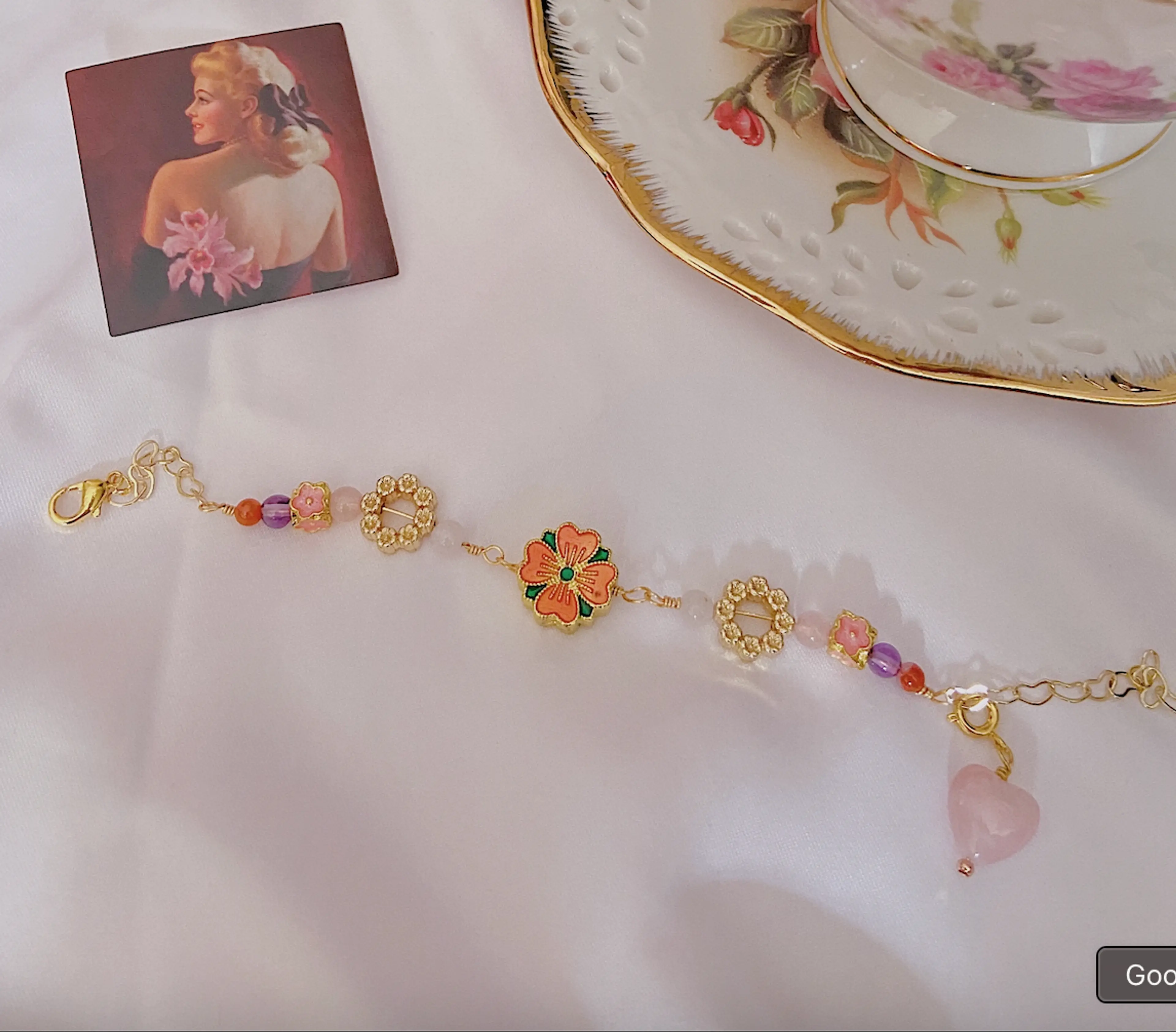 Coral Flower Vintage Charm Bracelet (detachable rose quartz heart)