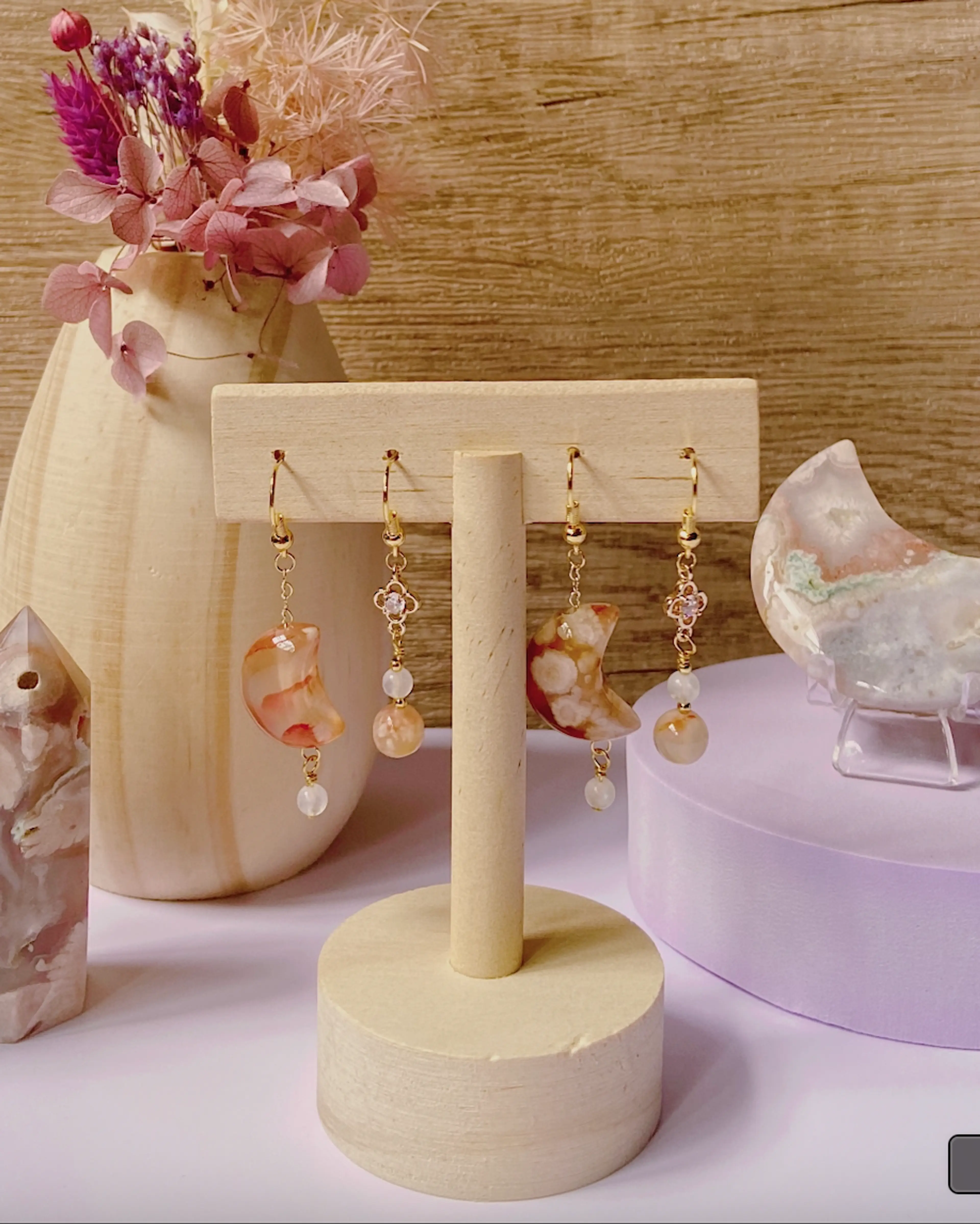 Flower Agate Moon Earrings (A)