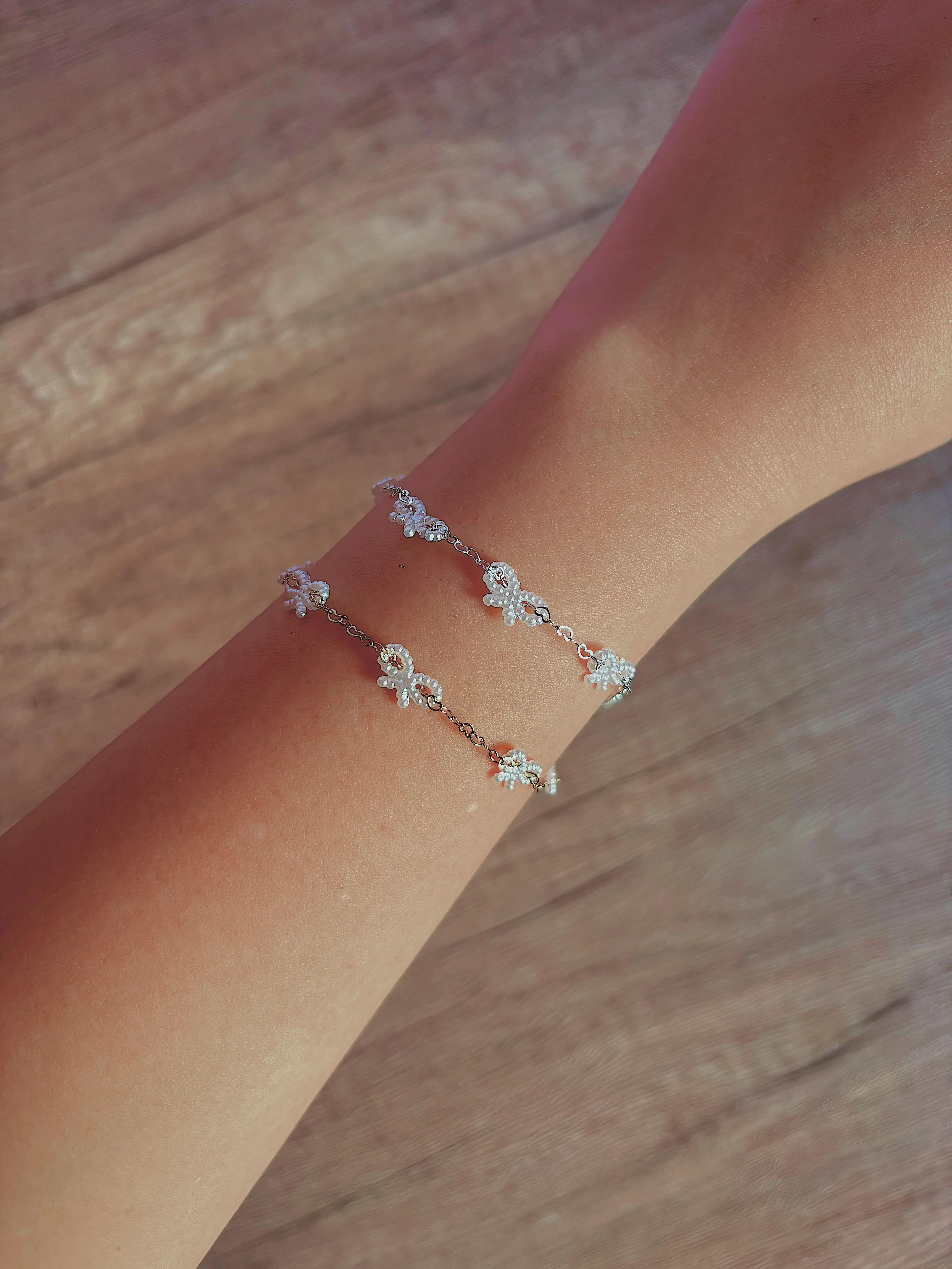 Nano White Ribbon Stacker Bracelet - Silver / Gold Chain