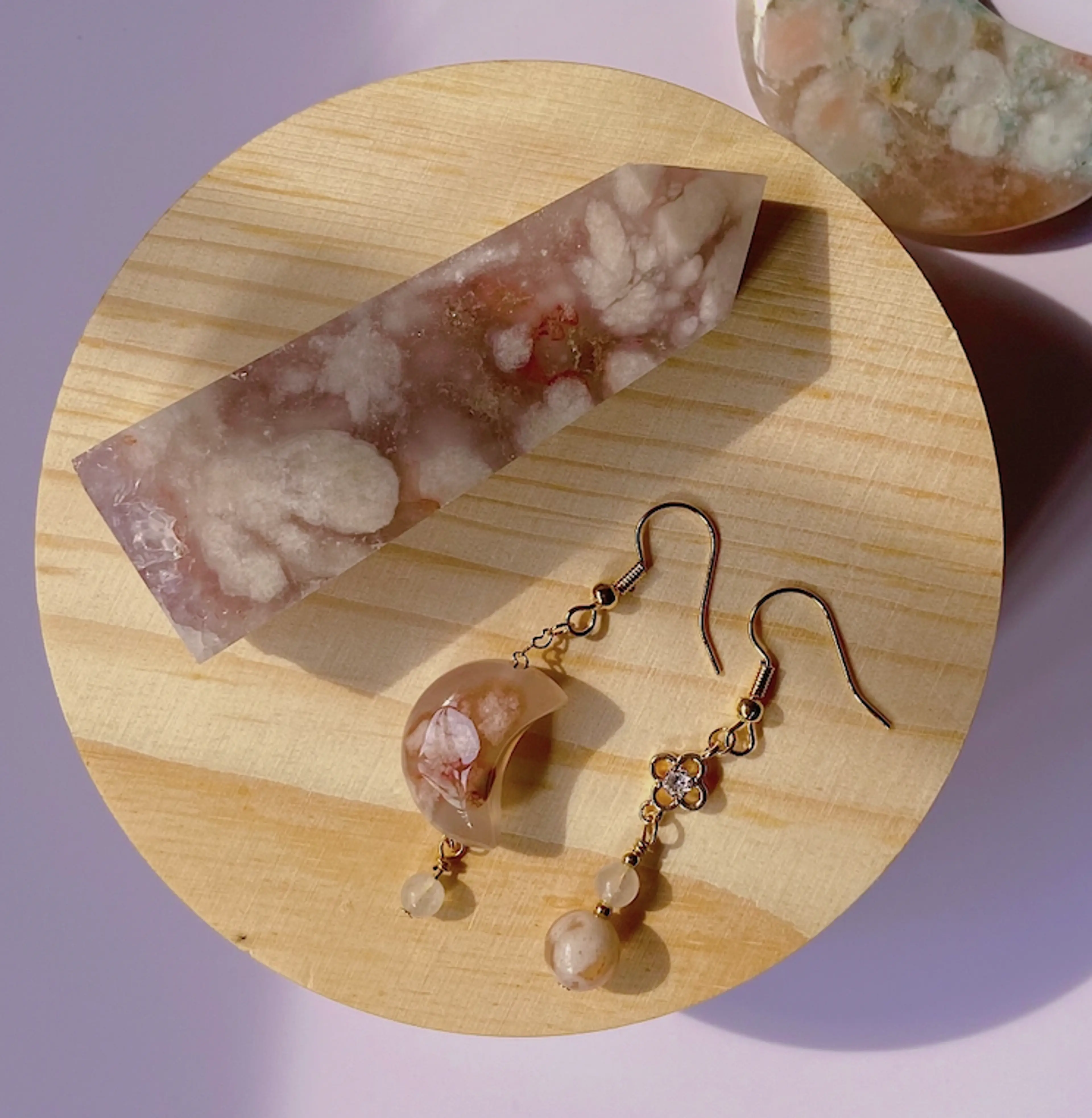 Flower Agate Moon Earrings (C)