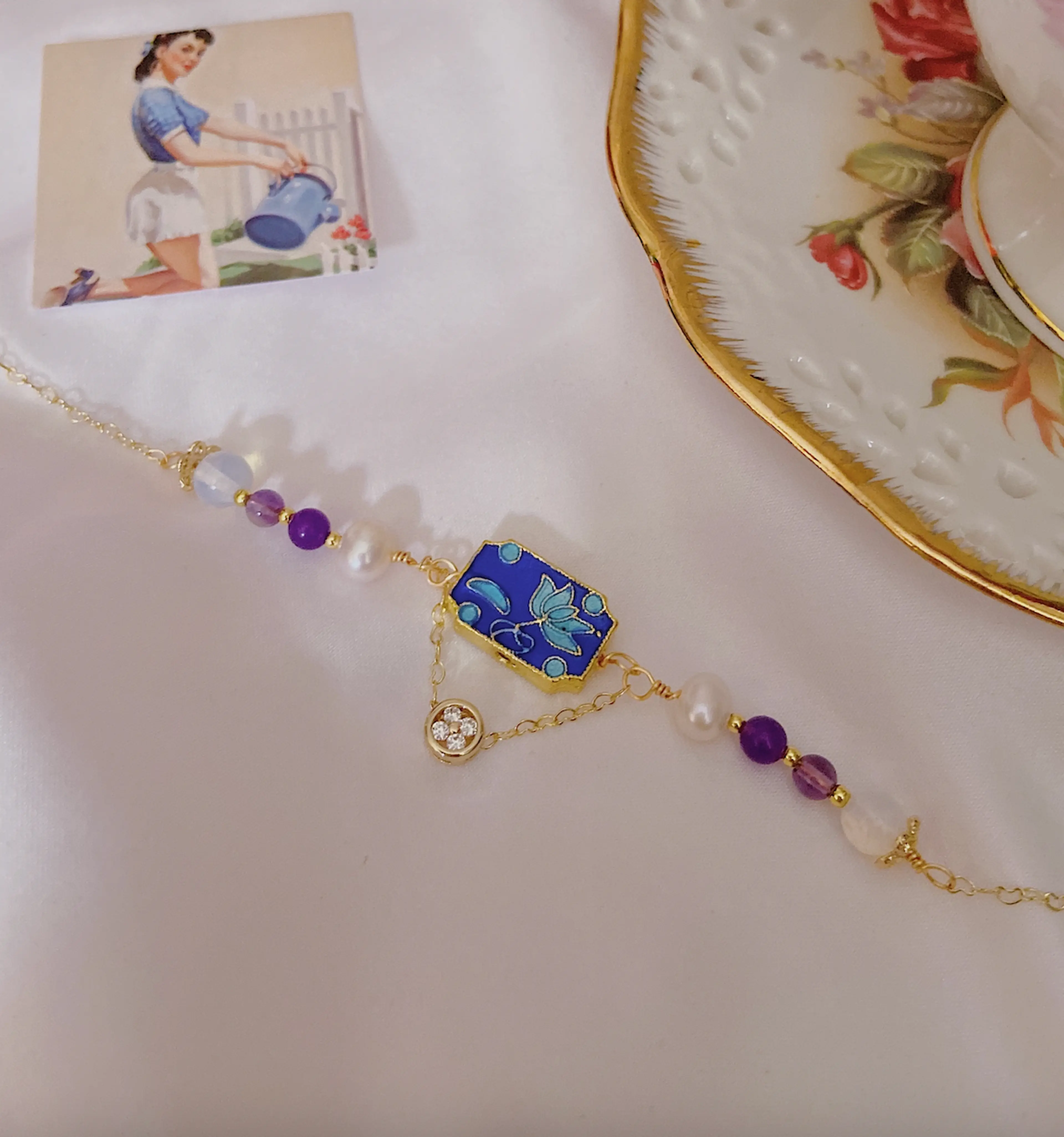 Blue Flower Rectangular Vintage Charm Bracelet